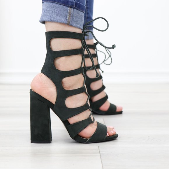 Olive Open Toe Chunky Block Heel Open Toe Sandal Gladiator Laced-Up Style Shoes - Picture 4 of 11